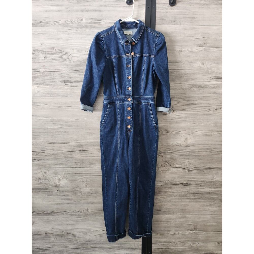 LAST CALL Madewell Puff Sleeve Denim Blue Jumpsuit Size 2 Pristine - Picture 2 of 6